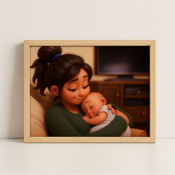Charming Cartoon Art Print of a Loving Mother and Baby - Heartwarming Home Decor for Family Spaces - Image 8