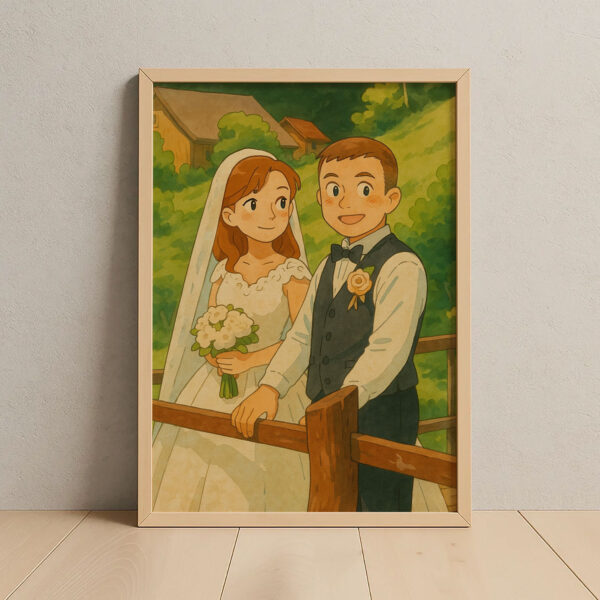 Charming Vintage Wedding Art Print: Joyful Couple in Elegant Attire with Floral Bouquet - Image 8