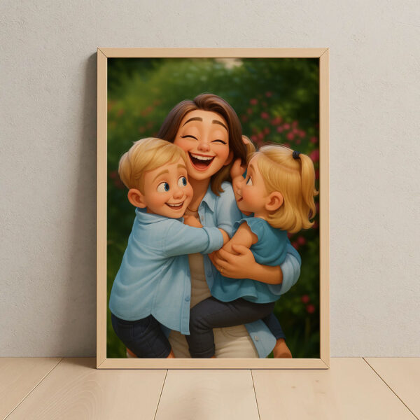 Charming Family Portrait Artwork: Heartwarming Animated Style Capture of Dad with Kids - Image 8