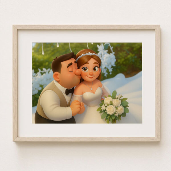 Charming Cartoon Wedding Portrait of a Bride and Groom in Whimsical Art Style for Your Home Decor - Image 8