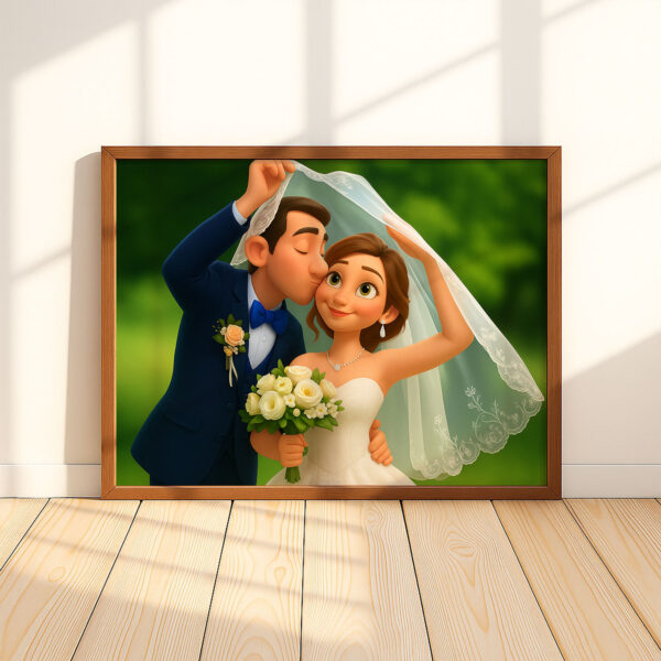 Charming Cartoon Wedding Portrait of a Bride and Groom in a Lush Forest Setting - Image 8