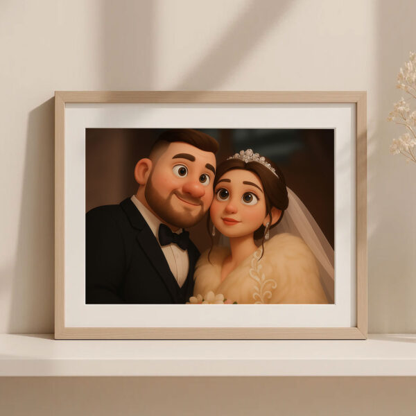Charming Cartoon Wedding Portrait of Happy Couple in Vibrant Animation Style - Ideal for Home Decor - Image 8