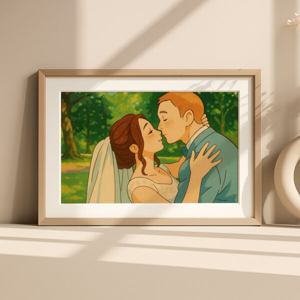 Romantic Animated Wedding Kiss Artwork in Soft Pastel Colors - Perfect for Home Decor and Gift Ideas - Image 8