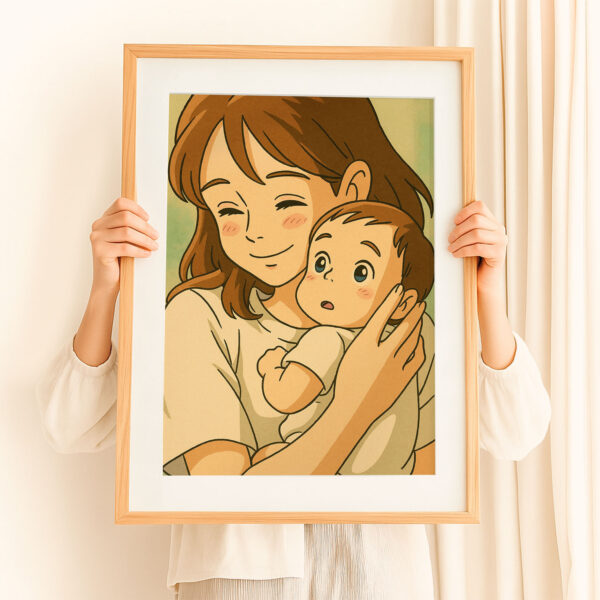 Heartwarming Anime Art: Tender Mother and Baby Embrace Illustration for Cozy Home Decor - Image 8